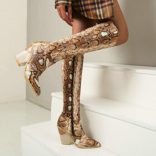 Women Wedges Heel Knee High Boots Fashion Zipper Snake Print Western Boots Ladies Pointed Toe Autumn Winter Long Boots