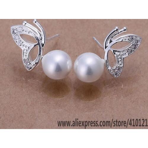 E017-2 Hot Sale Silver Color Jewelry, Wholesale Jewelry Elegant High Quality Charms Fashion Pearl Butterfly White Earrings