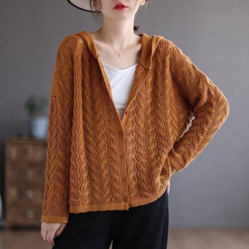 Autumn New Cardigans Sweater Women Retro Knitting Casual Loose Tops 2021 Ladies Hooded Button Twist All-match Outwear Knit Pull