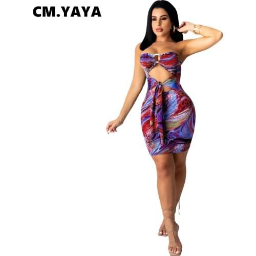 CM.YAYA Women Mini Dress Print Sleeveless Strapless Hollow Out Bandage Stretchy Bodycon Dresses Sexy Fashion Vestidos Summer