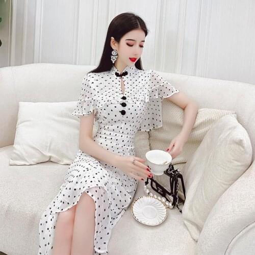 Young cheongsam modified dress womens 2021 new summer Korean version of the cape-style wave point chiffon skirt
