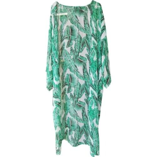 Womens Summer Chiffon Semi-Sheer Maxi Kimono Cardigan Top Green Tropical Banana Leaves Printed Bikini Cover Up 3/4 Sleeves