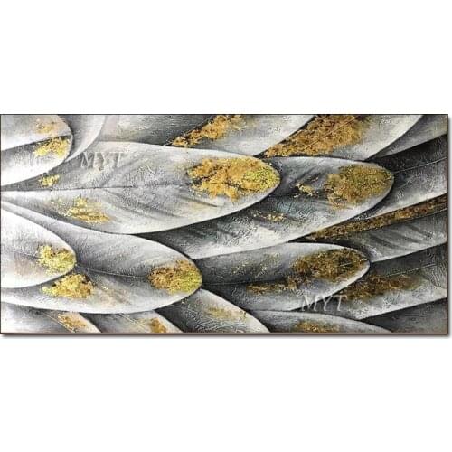 100% Handmade Gold Foil Feather Oil Painting Canvas Wall Art Living Room Bedroom Decoration Gold Oil Paintings Wall Picture