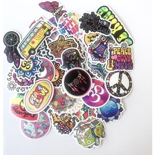 50Pcs/Lot Totem Retro Hippies Stickers Love And Peace Signs PVC Waterproof Stickers