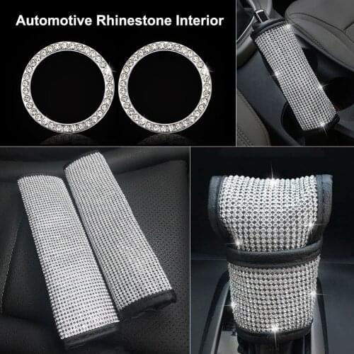 6pcs/Set Shiny Car Interior for Women Bling Rhinestone Kit Seat Belt Cover Handbrake Gear Shift Cover Engine Start Button Ring