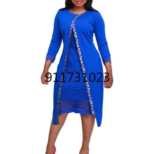 African Dresses for Women Summer African Women Long Sleeve Blue Color O-neck Dress African Clothes for Women