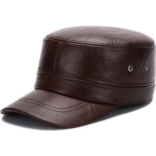 Fibonacci High Quality Middle Aged Old Age Mens Baseball Cap Cowhide Leather Cap Adult Solid Fitted Flatcap Autumn Winter Hats