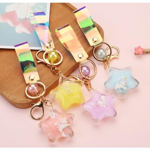 Cute Unicorn Five-pointed Star Keychain Summer Liquid Floating Keyring Girl Women Bag Car Key Chains Gifts Accessories