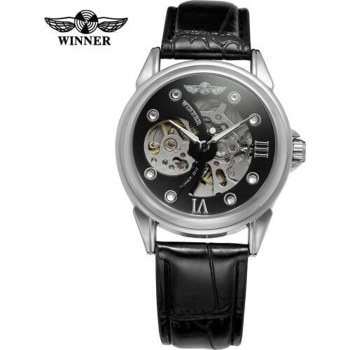 Fashion Winner Brand Mens Watch Mechanical Hand-wind Leather Crystal Analog Classic Band Casual Wristwatch Gold Color Black