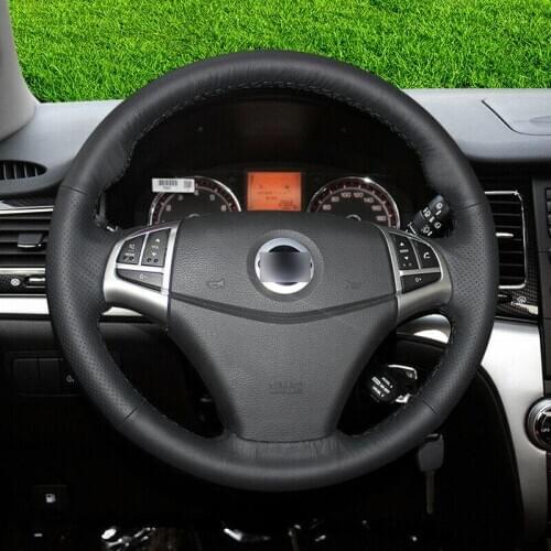 Black leather black black stitch car steering wheel cover for Ssangyong kelando