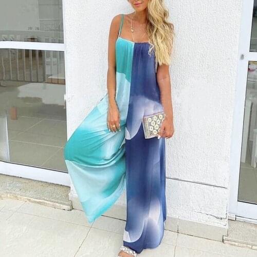 Tie-dye Beach Boho Casual Jumpsuit Women Long Wide Leg Pants Suspender Strap Vacation High Street Romper