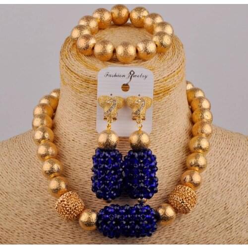 Royal Blue African Beads Gold Color Jewelry Sets For Women Nigerian Wedding Bridal Crystal Necklace Earrings Bracelet Set