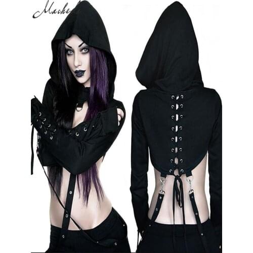 Macheda Short Gothic Women Hoodies Back Lace Up Sexy Cropped Top Long Sleeve Street Casual Sweatshirt Tracksuit Hoody