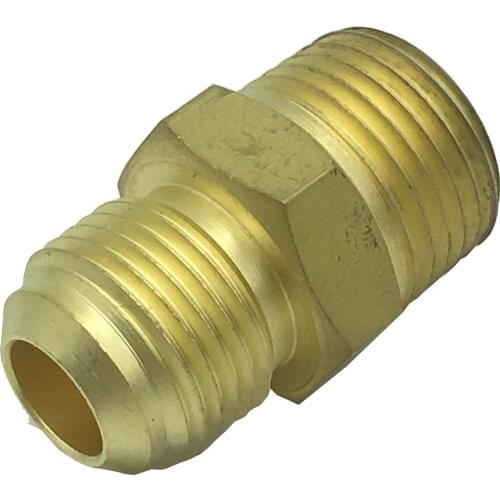 Male SAE flare to Male Taper NPT brass union is adapter between refrigerant pipe thread and vessel thread, threads invert