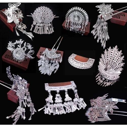 Miao Silver Hanfu Headdress Ethnic Style Hairpin Flower Tassel Fringe Jewelry Comb Hair Accessories for Women Girl Hmong Bijoux