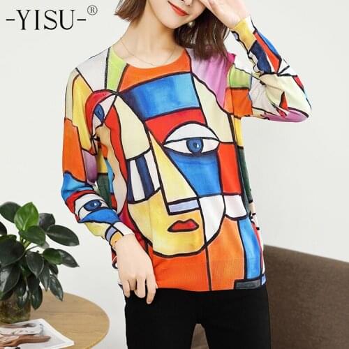 YISU Women knitted sweater long sleeves O-neck collar female Casual Fashion thin Printed pullover Ladies Autumn Winter sweaters