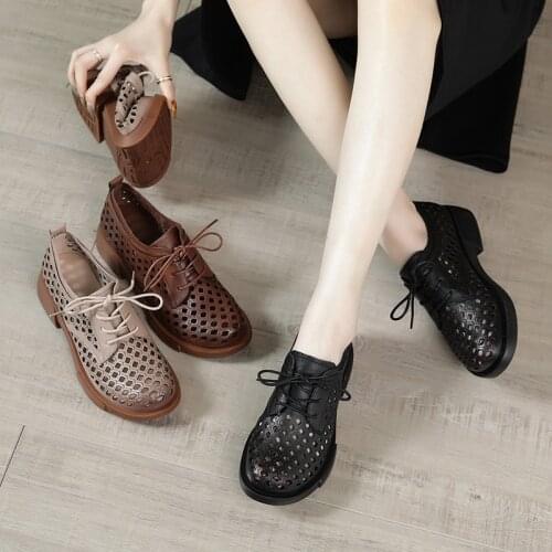 Tilocow Women Hollow Out Retro Oxfords for Ladies Casual Genuine Leather Loafers Flat Shoes Woman Lace Up Breathable Footwear