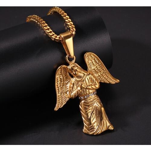 Hip Hop Gold Color Stainless Steel Angel Wing Virgin Mary Pendants Necklace for Men Women Jewelry