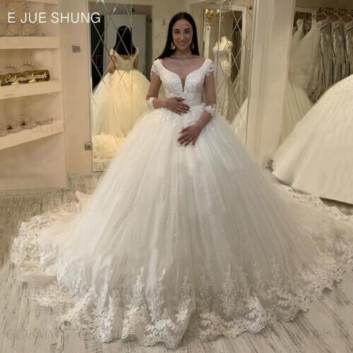 E JUE SHUNG Gorgeous Lace Appliques Luxury Wedding Dresses 3/4 Sleeves Ball Gown Lace Up Back Bridal Gowns vestido de noiva