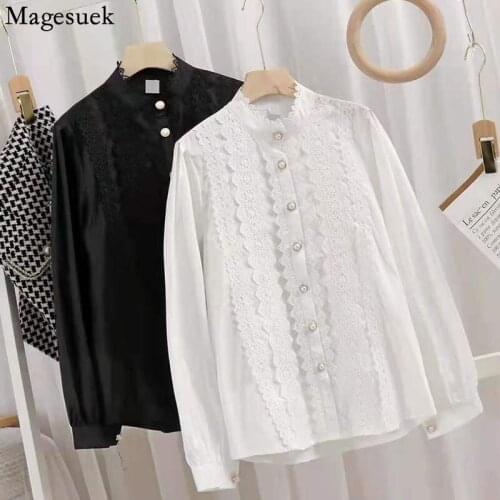 Autumn Stand Collar Lace Blouse Women Vintage Fashion Hollow Lace Patchwork Womens Shirt Loose Long Sleeve Buttons Tops 16131