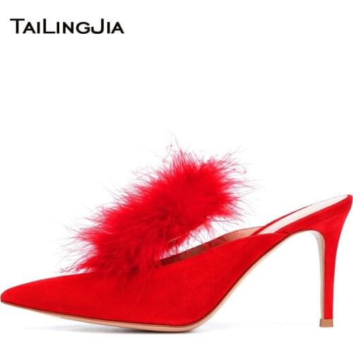 2018 Women Fashion Pumps Mules Slides Red Black Shoes Thin High Heel Woman Shoes Autumn Pointed Toe Ostrich Hair Sexy Pumps