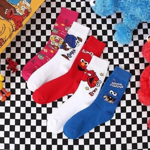 Women Socks Sesame Street Cartoon Cosplay Socks Pink White Elmo Cookie Monster Novelty Funny Cute Autumn Winter Cotton Socks Sox