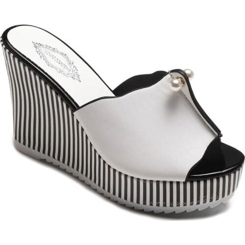 2021 Summer Wedges Sandals High Heels Beach Slippers Platform Stripe Pearl Sandals Flip Flops Women Shoes Sandalias Mujer Shoes