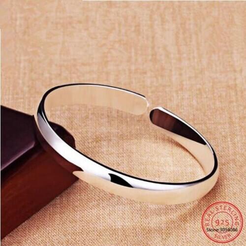 LEKANI 925 Sterling Silver Terndy Couples Cuff Bangles & Bracelet Simple Smooth Bracelet Jewelry for Women Size 64mm Adjustable