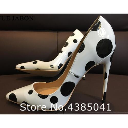2019 New white black mixed color high heels women pumps thin heel classic black dots sexy party wedding shoes plus size 43