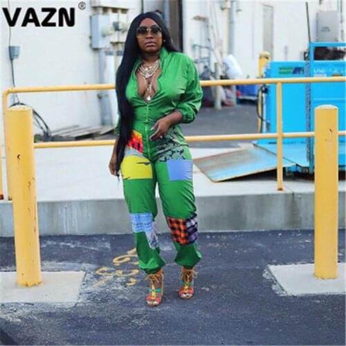VAZN loose lady print high street v-neck women jumpsuit long sleeve long pant jumpsuits sexy club wind rompers