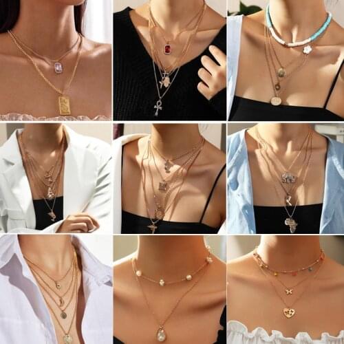 Boho Gold Color Women Multilayer Necklace Star Moon Butterfly Pendant Necklaces Party Jewelry Collares