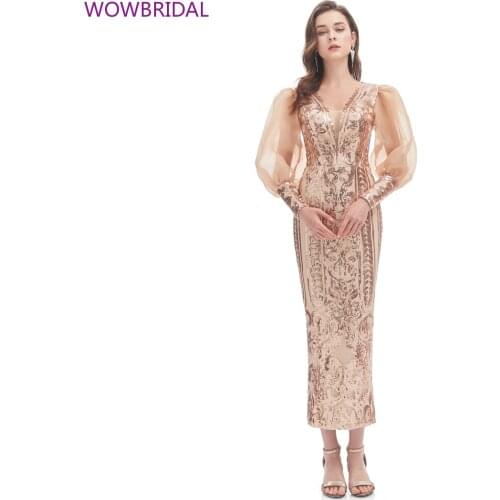 Ladies Pure Color Elegant Evening Dress Long Lantern Sleeve Dress Formal Occasion Sequined Long Sleeve Evening Dress Multi-color