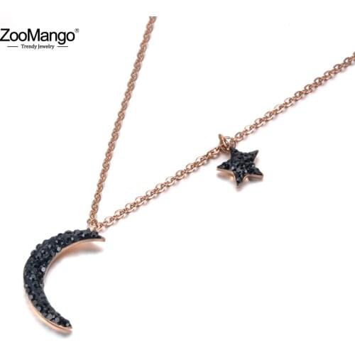 ZooMango Fashion Black Rhinestones Star & Moon Charm Necklaces Stainless Steel Rose Gold Pendants Necklace For Women ZN18238
