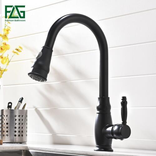 FLG Kitchen Faucets Brass Black Pull Out Kitchen Mixer Tap 2 Way Function Water Mixer Deck Mounted Single Handle Sink Crane