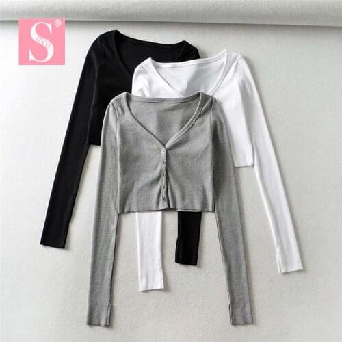STVY 2020 Spring Autumn Ladies Streetwear V-neck Short Style Tops Female Long Sleeve Ribbed Knitting Thin Cardigan