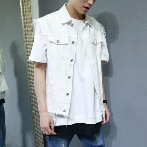 Summer Solid Hole Ripped Tassel Waistcoat Hip Hop Cowboy Biker Vest Male Pockets Button Loose Fit White Coat for Men Outwear