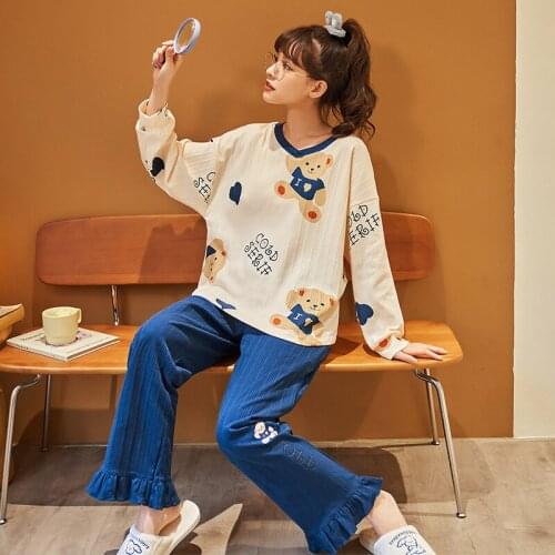 Cute Cartoon Solid Striped Pajamas Young Girl Pajama Pullover Long Sleeve Trousers Lazy Jammies Sleepwear Pyjamas 6535cotton HDE