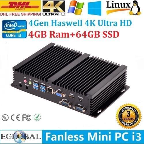 2019 Eglobal Fanless Industrial Mini PC Windows10 Intel Core i3 4010u / i5 4200u / i5 5250u / 2*COM 1*Lan 1*HDMI 1*VGA WiFi