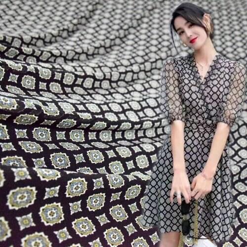 Fashion Black Bottom Geometric Rhombus Printed Chiffon Fabric Dress Pants Shirt Womens Handmade DIY Fabric