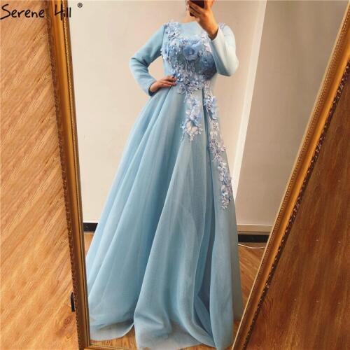 Muslim Blue Long Sleeves Prom Dresses Design Handmade Flowers Pearls A-Line Prom Gowns 2020 Serene Hill BLA70114