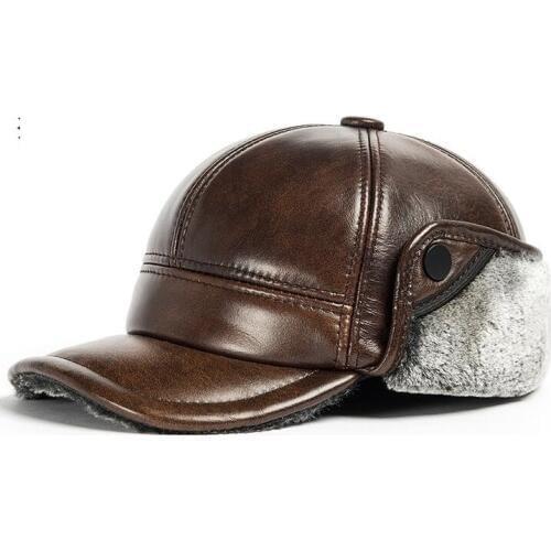 2021 genuine leather men ear protect cap hat high quality mens real leather adult solid adjustable hats caps