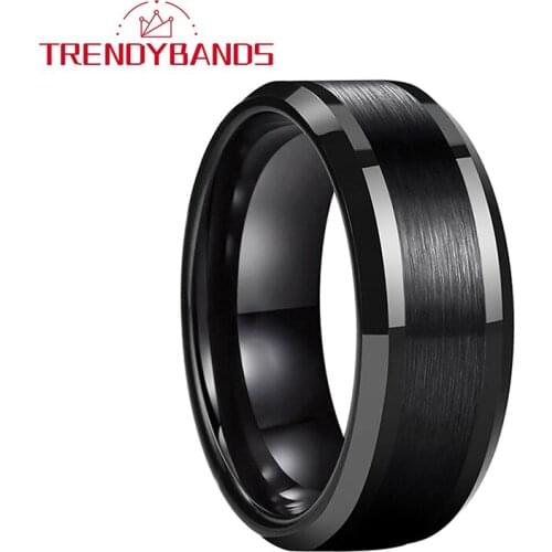 Black 6MM 8MM Tungsten Carbide Rings For Men Wedding Bands Beveled Edges Comfort Fit