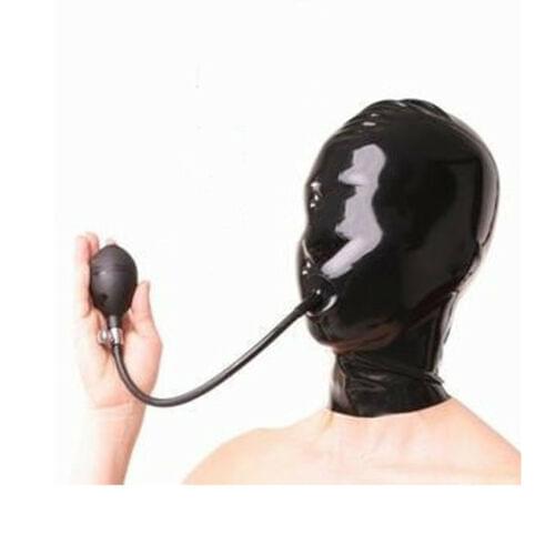 Natural latex 100% Handmade Latex Rubber Hood Mask Inflatable Gag Black sex bondage fetish bdsm harness