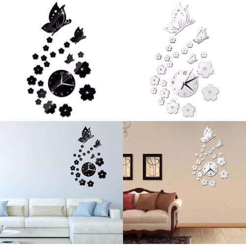 2018 New 2 Colors Mirror Wall Stickers 3D Clock Butterfly Pattern CA005 Home Decoration Contemporary Quartz Living Room Clock