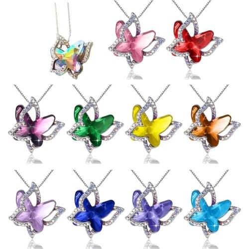 Blue Crystals Butterfly Pendant Necklace Jewelry For Mothers Day Gift
