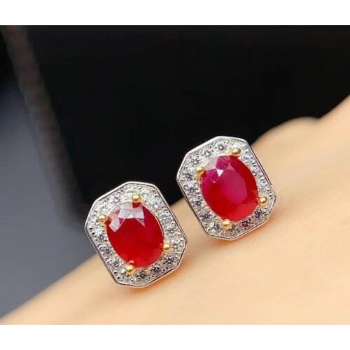 Simple Silver Gemstone Stud Earrings 4mm*5mm Natural Ruby Earrings 925 Silver Ruby Stud Earrings for Daily Wear
