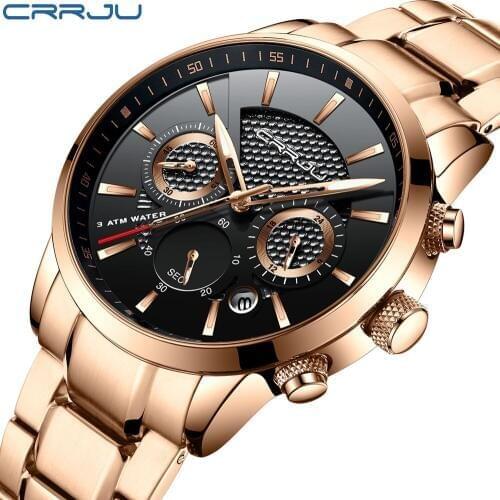 Luxury Brand Men Watches CRRJU Chronograph Men Sports black Watches Waterproof Full Steel Quartz Mens Watch Relogio Masculino