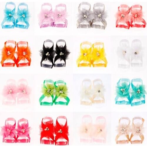 16 Colors Newborn Baby Barefoot Sandals Net Yarn Flower Pearl Shoes Fashion Infant Foot Decoration Accessories Birthday Gifts
