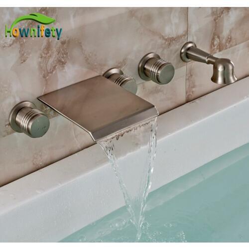 Bath 5pcs Wall Mounted Tub Faucet Brass Handshower Mixer Tap Brushed Nickel