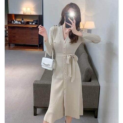 Knit Midi Dress Autumn Women Sexy V-Neck Single-breasted Button Dress Woman A-Line Sweater Dresses Vestido